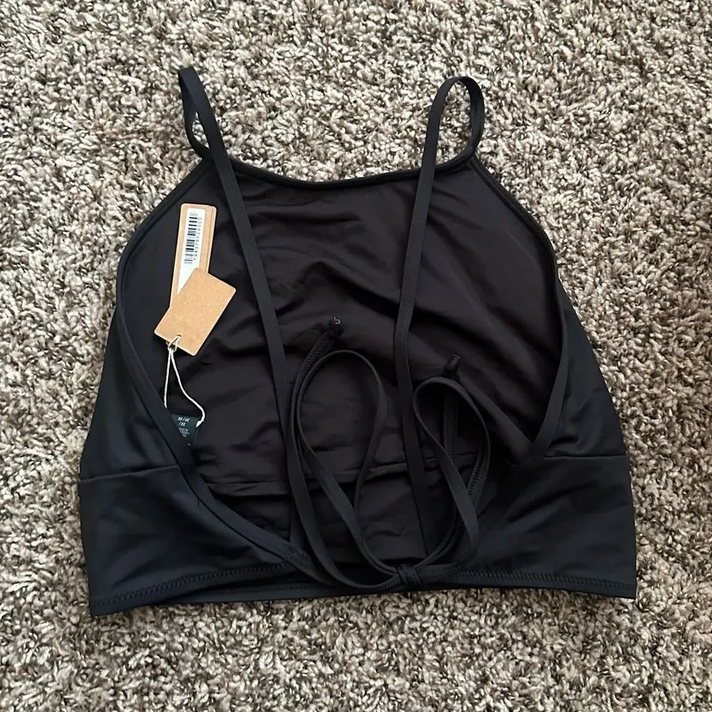 NWT SKIMS Recycled Swim High Neck Back Tie Onyx Black Top